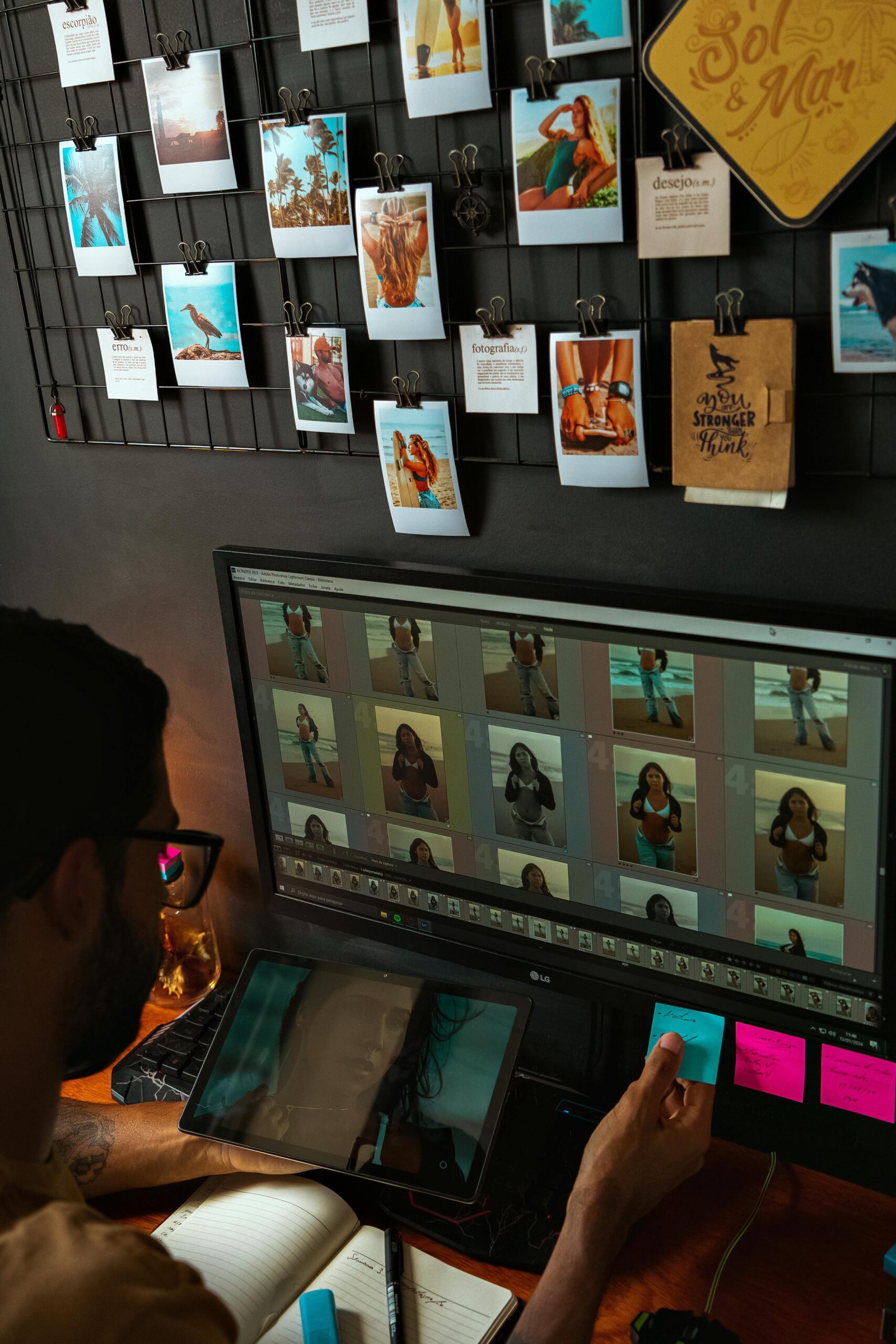 Man using dual monitors for photo editing in a modern, organized workspace with displayed photographs.